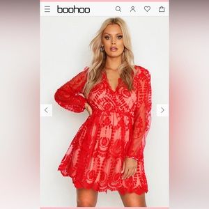 boohoo Lace Plunge Skater Dress in Red